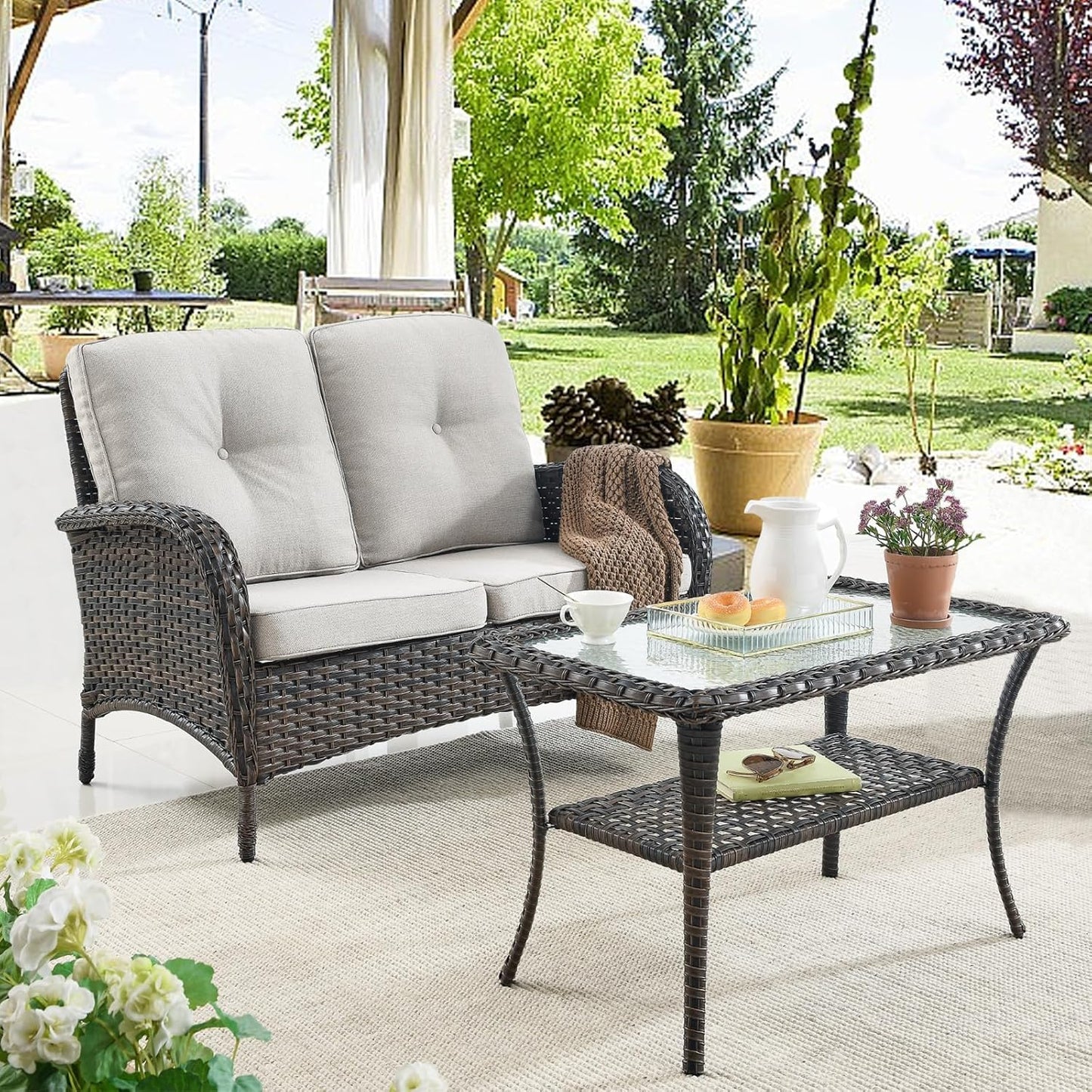Outdoor Wicker Furniture Set with Swivel Chairs, 5 Piece Small Patio Conversation Sets with Rattan Loveseat Coffee Table for Patio Deck Porch Backyard, Brown Wicker Beige Cushion