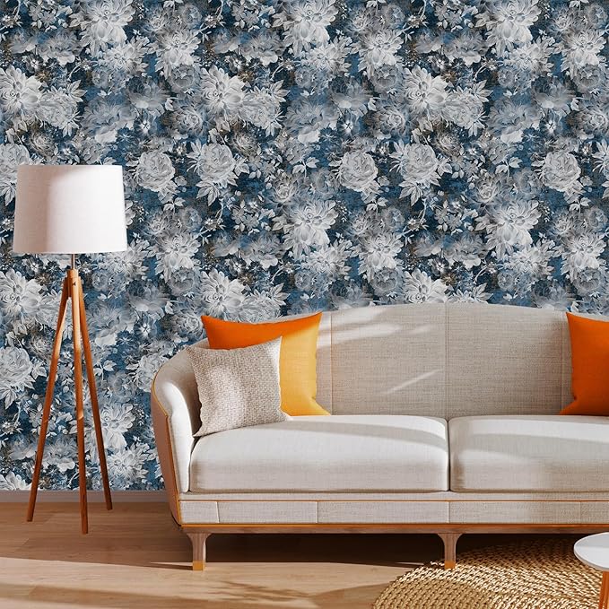 Vintage Garden Peel & Stick Floral Wallpaper - Removable White/Blue Vinyl Self Adhesive Mural - 17.7in x 9.84ft