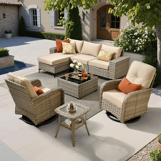 ovios 8 Pieces Patio Furniture Set Outdoor Sectional Sofa Couch with Rocking Swivel Chairs Deep Seat Chaise Comfy Cushions, Modern Modular Wicker Rattan Conversation Set, Beige