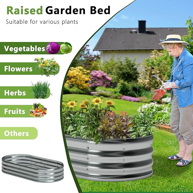 4x2x1ft(2 Pack) Oval Galvanized Raised Garden Bed,Outdoor Planter Box Metal Patio Kit Planting Bed for Vegetables Flowers and Succulents
