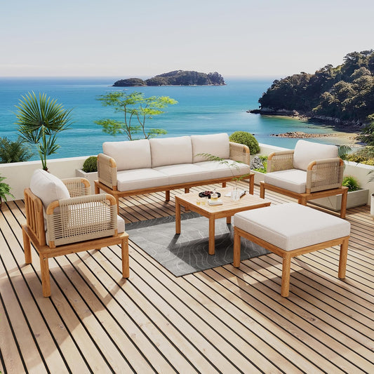 5-Piece Acacia Wood and Rope Patio Sofa Set, Outdoor Conversation Set with Acacia Wood Coffee Table and Ottoman, 2 Club Chair for Backyard Porch Garden Balcony
