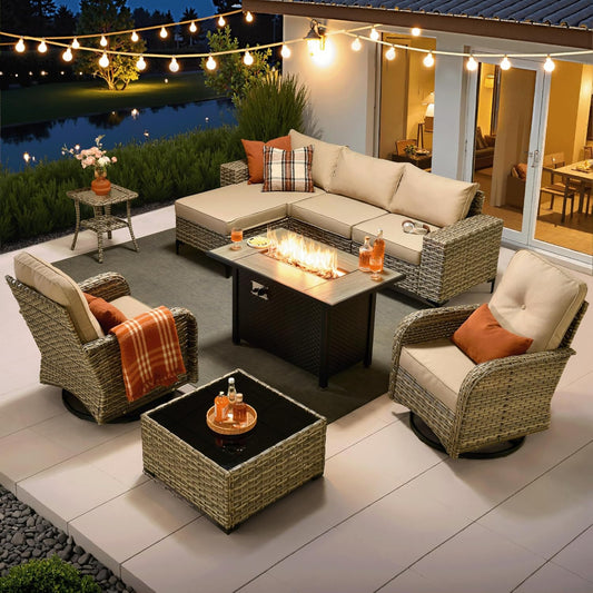 ovios 9 Pieces Patio Furniture Set Outdoor Sectional Sofa Couch with Fire Pit Table Rocking Swivel Chairs Deep Seat Chaise, Modern Modular Wicker Rattan Conversation Set, Beige