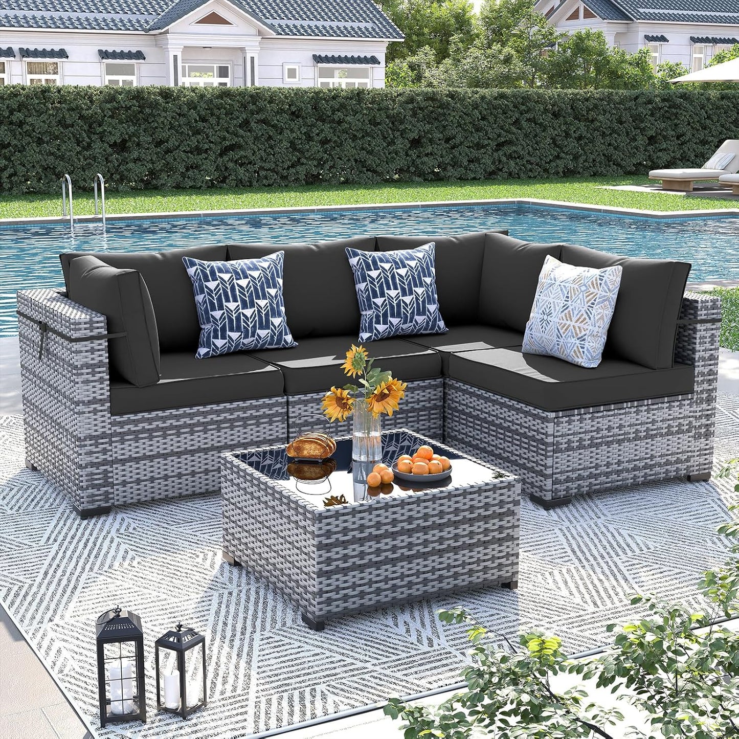 UDPATIO 5 Piece Patio Furniture Set, Outdoor Sectional Modular Sofa with 4'' Thickened Cushions, Wicker Outdoor Furniture Conversation Sets with Waterproof Cover for Backyard Deck(Grey/Black)