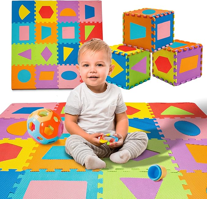 TOYVELT Foam Puzzle Floor Mat for Kids 12x12-16 Interlocking Play Mat Tiles with Color & Shapes - Educational Large Puzzle Foam Floor Tiles for Crawling, Exercise, Playroom, Play Area