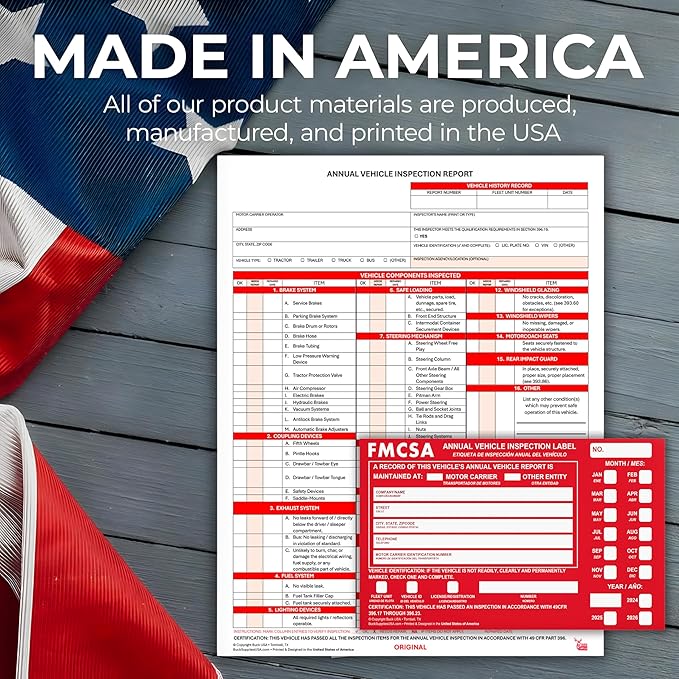 5 Pack 3-Ply Carbonless Annual Vehicle Inspection Report Forms with FMCSA Red Aluminum Adhesive Labels, DOT Inspection Forms and Stickers, Shrink-Wrapped, 8.5" x 11.75" - Made in USA