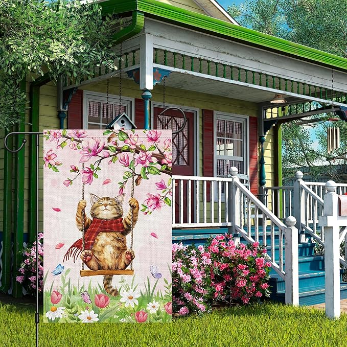 Heyfibro Spring Cute Cat Welcome Garden Flag 12x18 Inch Double Sided Burlap Butterfly Floral Yard Flag for Seasonal Holiday Farmhouse Outdoor Decor(ONLY FLAG)