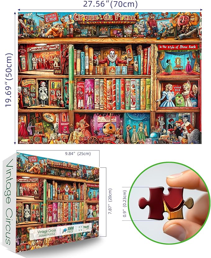 Circus Bookshelf Puzzles for Adults 1000 Pieces Colorful Vintage Artwork Jigsaw Puzzles with Letters on Back Hard Impossible Difficult Challenging Funny Family Puzzle (27.5"x19.6")