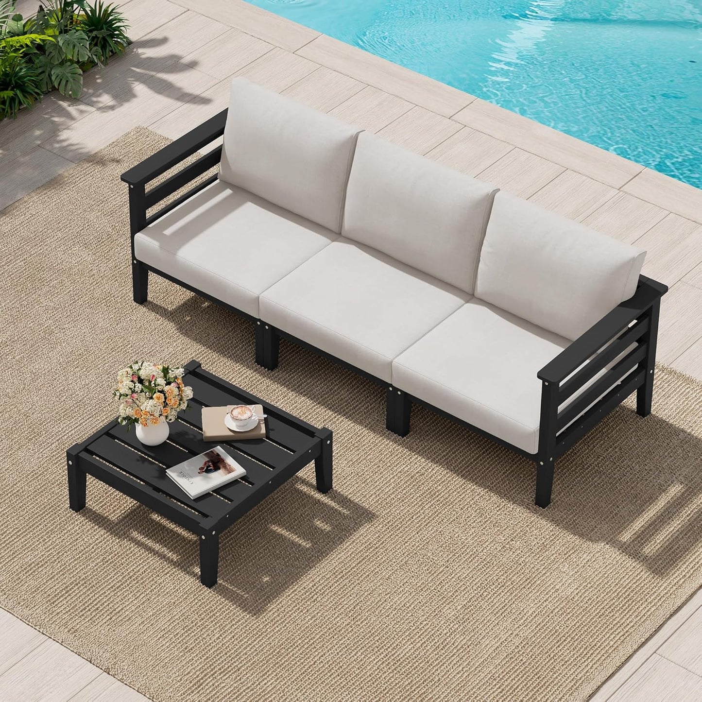 SERWALL HDPE Patio Furniture Set, 4 Pieces Outdoor Sectional Sofa Set, All-Weather Wood-Like Outdoor Sofa Couch with Coffee Table for Deck, Lawn, Black Frame with Khaki Cushion