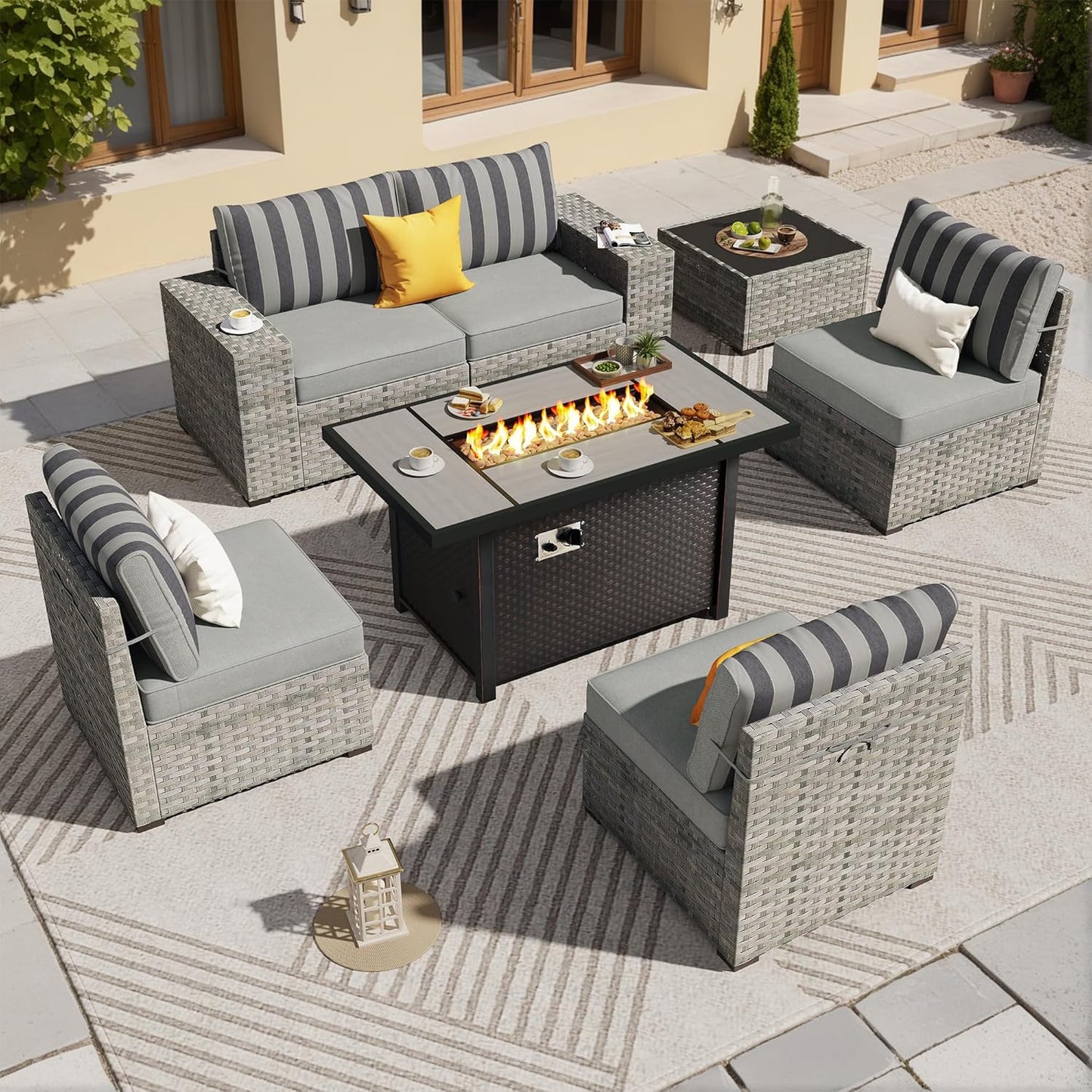 ovios 7 Pieces Patio Furniture Set, Outdoor Wicker Sectional Sofa with 42 Inch Fire Pit Table Comfy Cushions, Modern Modular Deep Seat Rattan Couch Conversation Set, Dark Gray Stripe