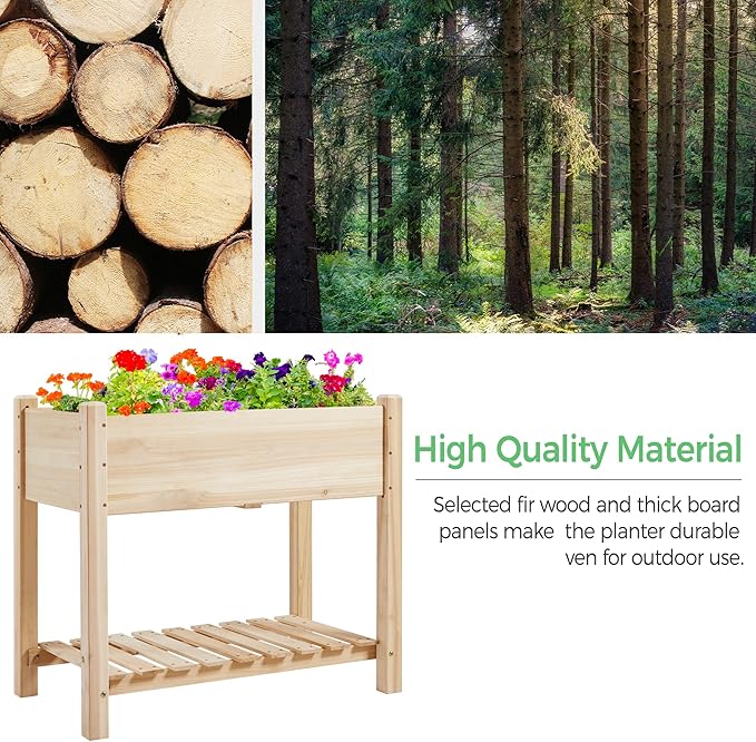 Yaheetech 34x18x30in Raised Garden Bed, Planter Box with Legs & Storage Shelf, Wooden Elevated Vegetable Growing Bed for Backyard, Patio, Balcony