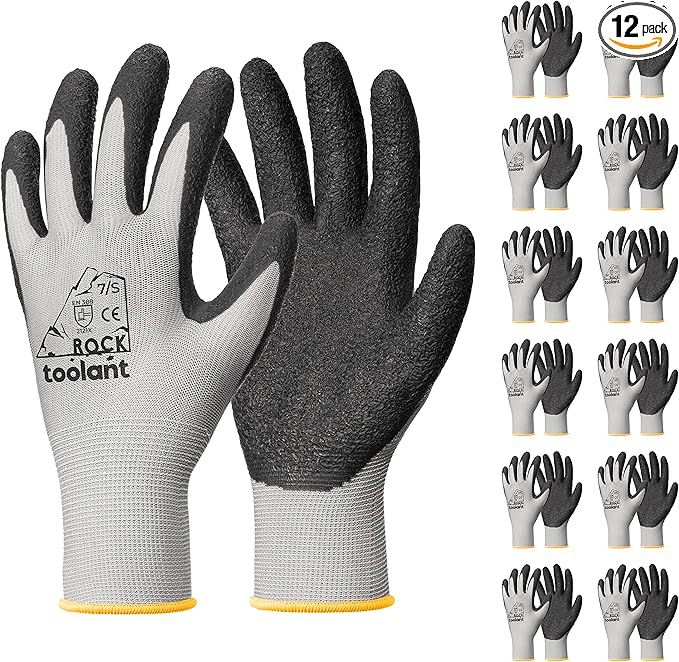 toolant Crinkle Latex Work Gloves Bulk, Rubber Coated Safety Work Gloves for Men and Women, 12 Pairs for Construction, Gardening, Warehouse (Gray, Small)
