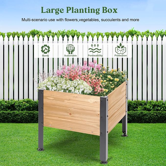 Wooden Planter Box, Square Planter for Growing Flowers,Decorative for Flowers Herbs Vegetables for Indoor & Outdoor Decor,Front Porch Cart for Patio Garden Balcony