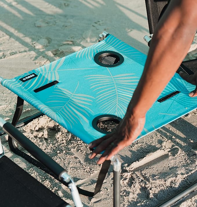 Neso Portable Beach Table with Cup Holders, Cell Phone Pockets, Lightweight for Picnics and Parks (Aqua Fronds)