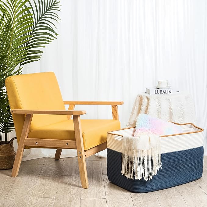 MINTWOOD Design 22in Extra Large Blanket Basket Holder Living Room, Rectangle Rope Woven Storage Basket with Handles for Laundry, Pool Towels, and Shoes, Dog Toy Organizer Bin Box, Prussian Blue