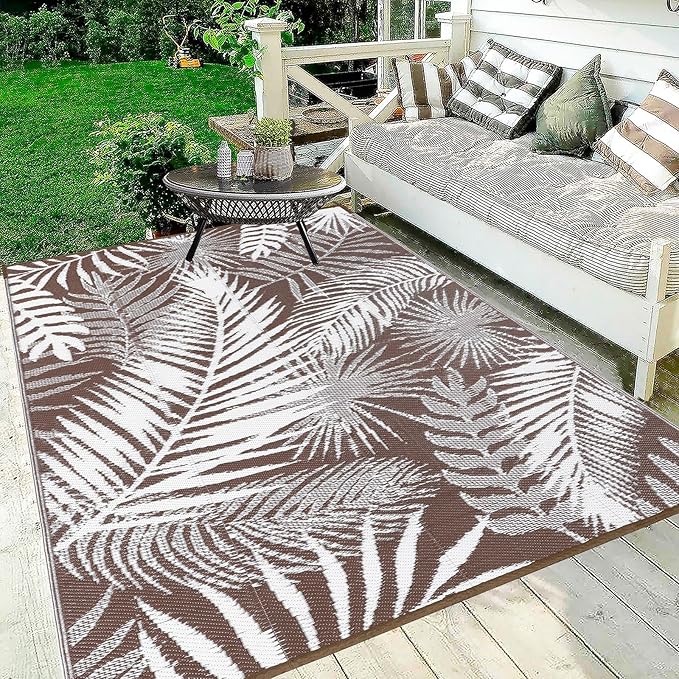 HiiARug Outdoor Rug 6x9Ft Outdoor Plastic Straw Rug Waterproof Outdoor Rugs for Patios Clearance Large Reversible Patio Mat Outdoor Area Rug for Patios Deck Beach RV Camper Backyard,Brown&White