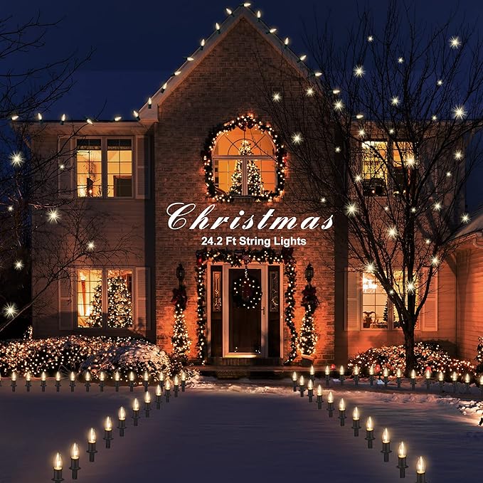 Outdoor Warm Christmas Pathway Lights, 24.2ft 20 Lights with Stakes, Outside Walkway Marker, C9 Christmas Decor, Driveway Decorations, Waterproof, Hanging or Plugging