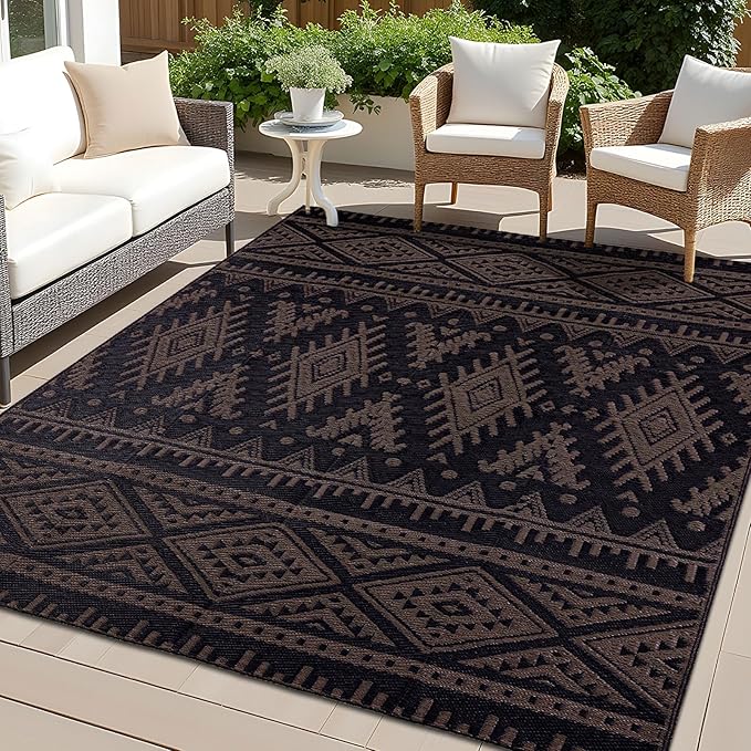 OLANLY Outdoor Rug Waterproof 4x6 ft, Reversible Outdoor Plastic Straw Rug, Boho Patio Rug, Indoor Outdoor Carpet, RV Mat Outside for Patio, Camp, Picnic, Balcony, Deck, Backyard, Black & Brown