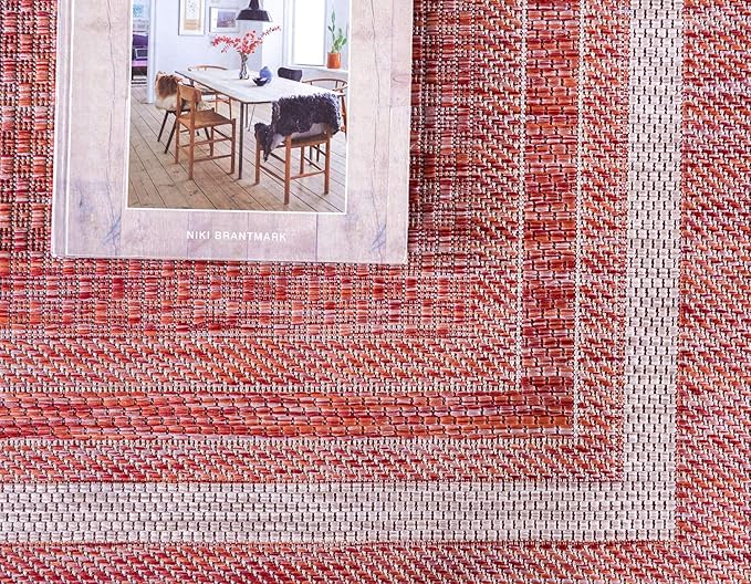 Unique Loom Outdoor Border Collection Area Rug - Soft Border (2' x 6' 1" Runner, Rust Red/ Ivory)