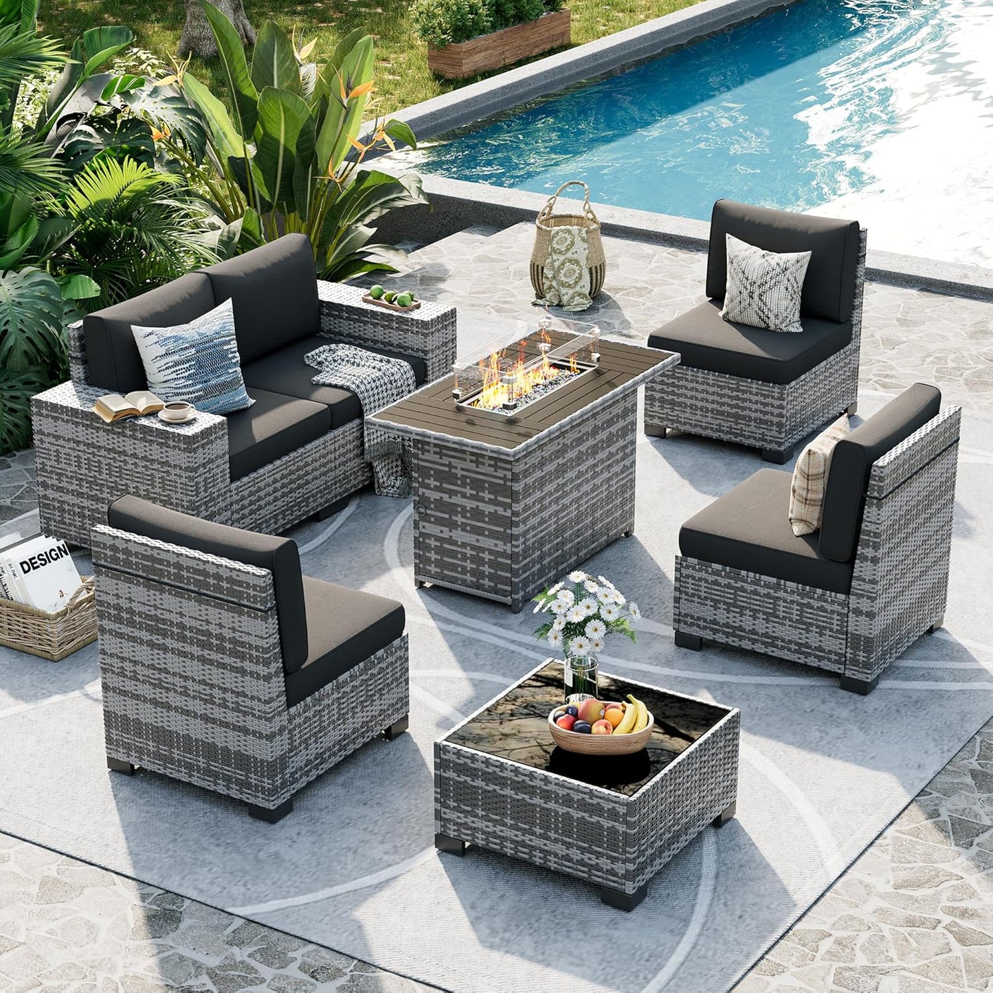 UDPATIO Patio Furniture Set with Fire Pit Table, 8 Inch Armrest Outdoor Sectional Sofa, 7 Piece Wicker Outdoor Furniture Conversation Sets with Waterproof Cover for Backyard Deck(Grey/Black)