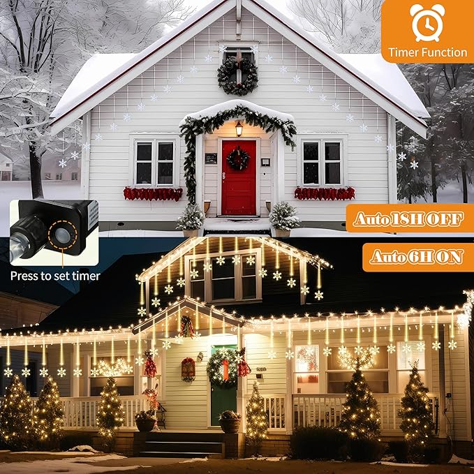 Enhon 2 Pack Meteor Shower Snowflake Lights Outdoor with Timer, Total 480 LED 12in 16 Tube Connectable Waterproof Meteor Rain Drop Christmas Light with Snowflake for Xmas Tree Roof Garden(Warm White)