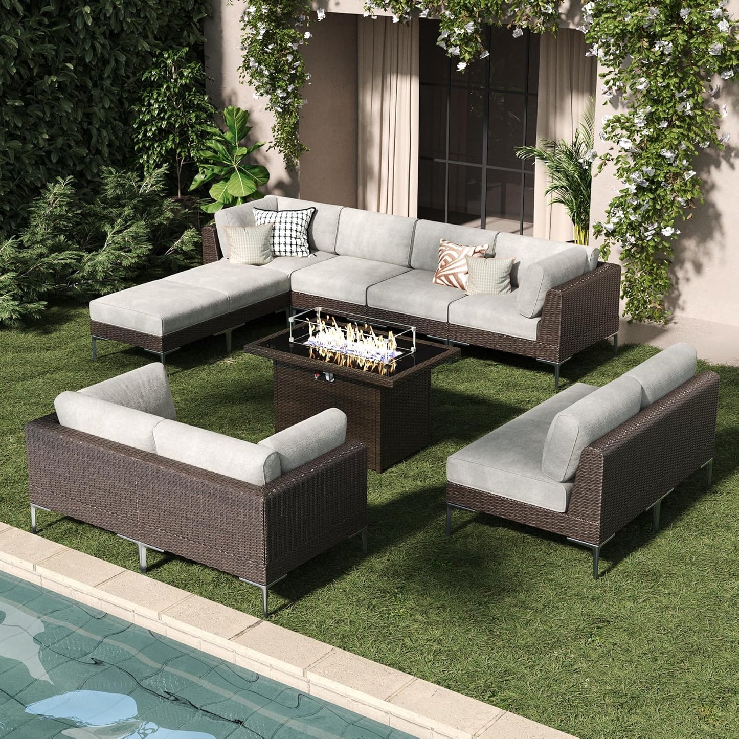 LayinSun 11-Piece Outdoor Modular Wicker Sectional Sofa with Fire Pit Table, Patio Furniture Conversation Set with Deep Seating and Thick Cushions