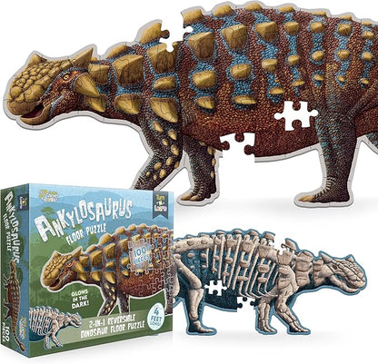 Ankylosaurus Dinosaur Jigsaw Puzzle | 100-Piece Double Sided Floor Puzzle with Glow-in-The-Dark Skeleton On Other Side | 4 FT Scientifically Accurate Dino Illustration | Educational Toy for Kids