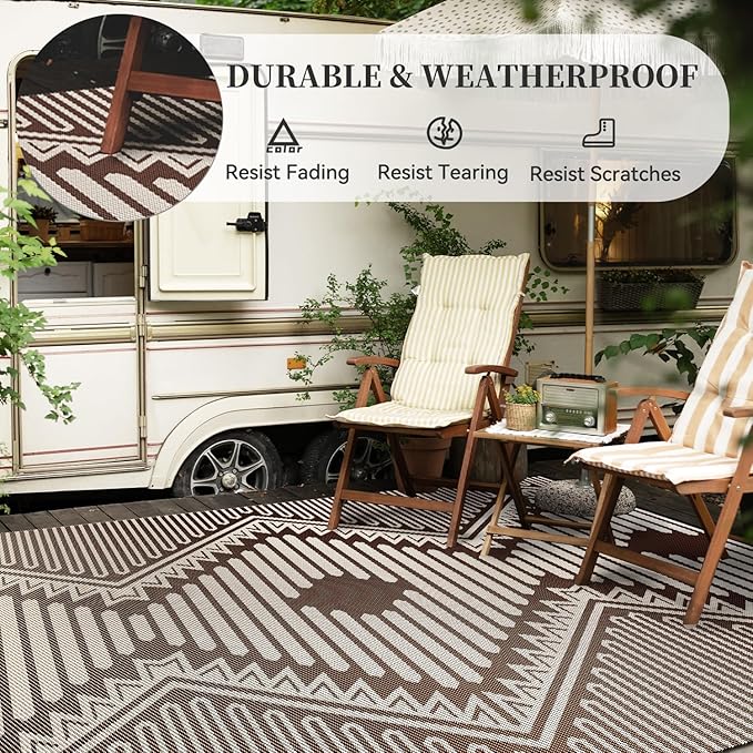 MontVoo Outdoor Rug 8x10 Waterproof Patio Rug-Outdoor Carpet Mat Reversible Plastic Straw Outside Outdoor Rug for RV Camping Picnic Balcony Backyard Pool Deck Porch Modern Boho Beige Brown