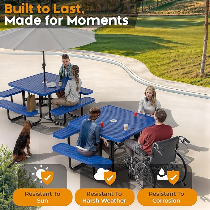 Metal Picnic Tables for Outdoors with Umbrella Hole - Coated Steel Heavy Duty Commercial Grade Table with Adjustable Seats (Blue, 46 in, Square, Punched Steel)