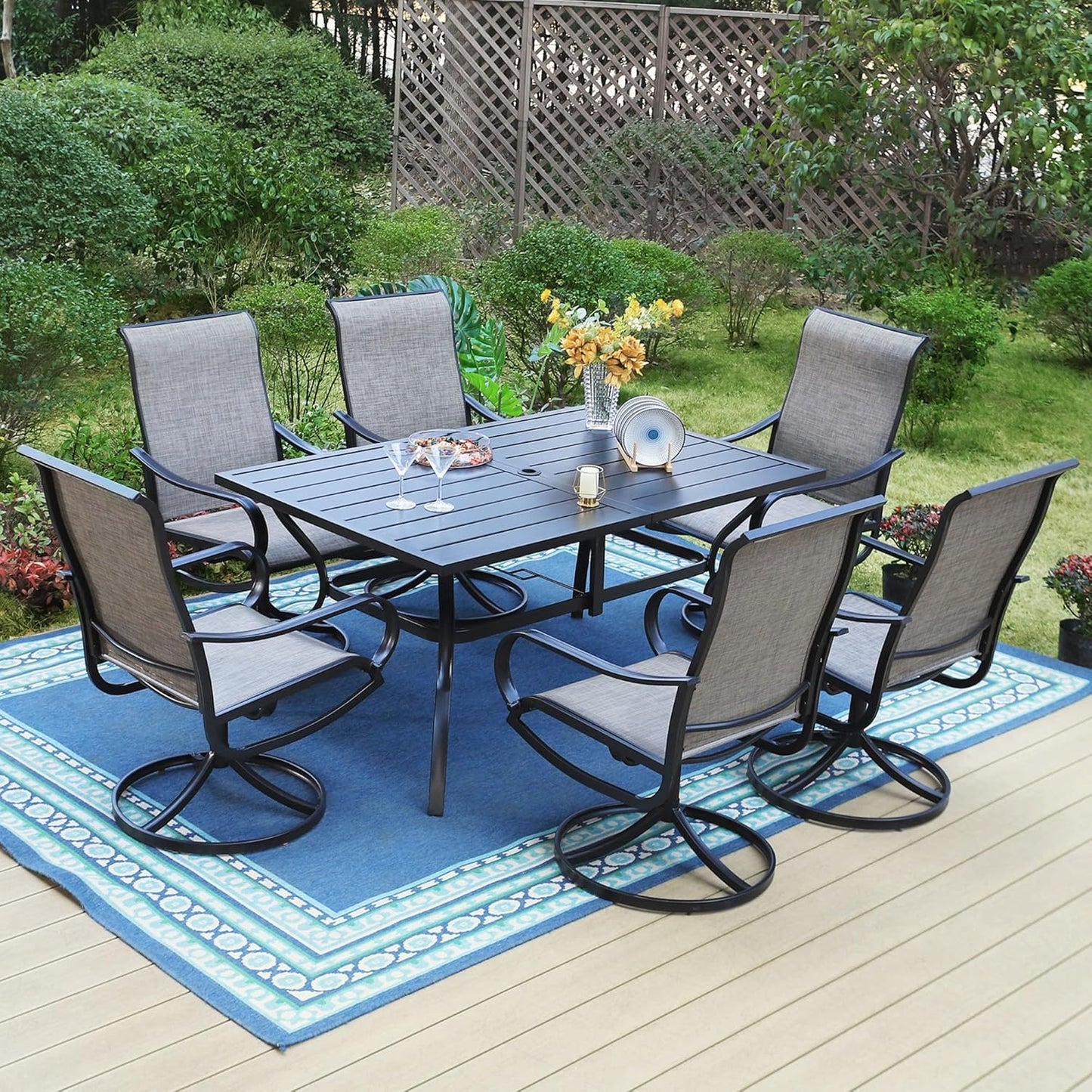 PHI VILLA 7 PCS Patio Dining Set, Rectangle Metal Table with 1.57" Umbrella Hole and 6 High Back Textilene Swivel Chairs, Suitable for All Weather
