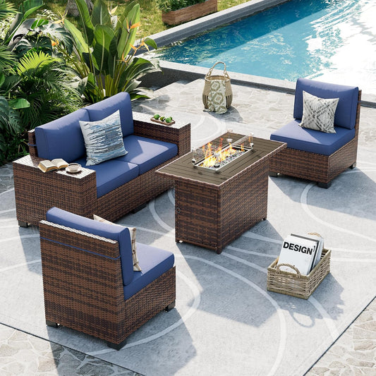 UDPATIO Patio Furniture Set with Fire Pit Table, 8 Inch Armrest Outdoor Sectional Sofa, Wicker Outdoor Furniture Conversation Sets with Waterproof Cover for Backyard Deck(Brown/Navy Blue)