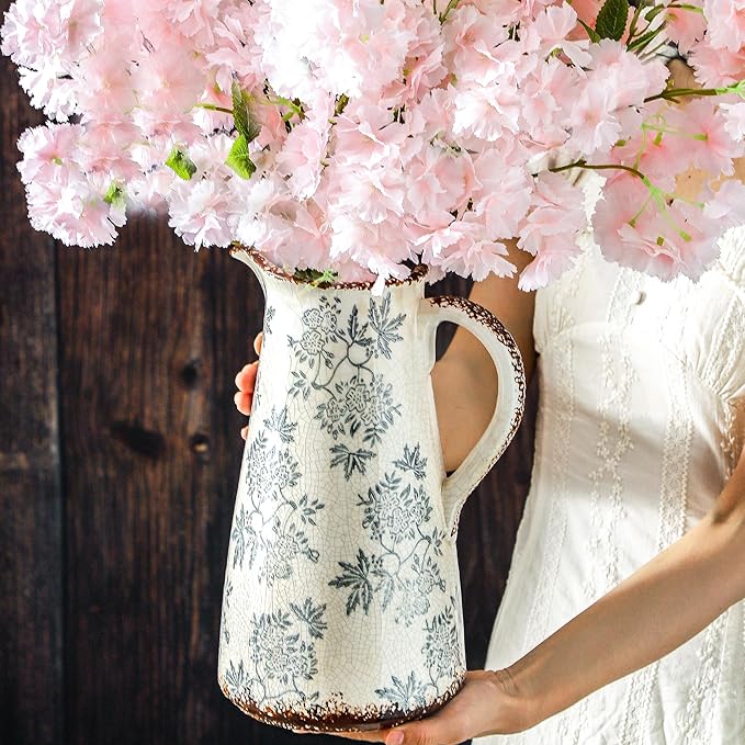 Enra Blue and White vase with Handle,12.2 inch Ceramic Vintage Decorative Flower Pitcher vase, Chinoiserie Floral Vase,Large Rustic Vases for Home Decors, Living Room, Bookshelf, Office