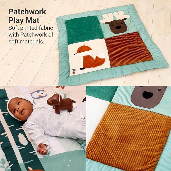 Little Big Friends Patchwork Baby Playmat – Reversible Floor Mat for Tummy Time & Sensory Development | Encourages Exploration & Motor Skills | Forest