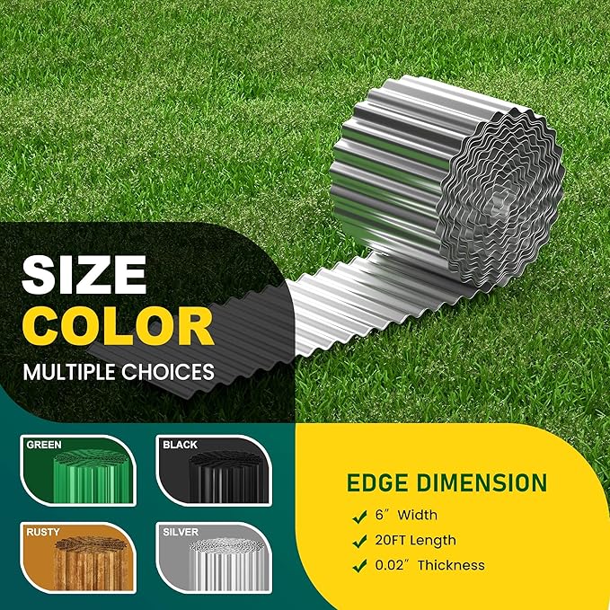 Corrugated Metal Garden Edging, 6"×20Ft Durable Landscape Border for Garden, Lawn, Flower Beds and Paver Edging (Silver)