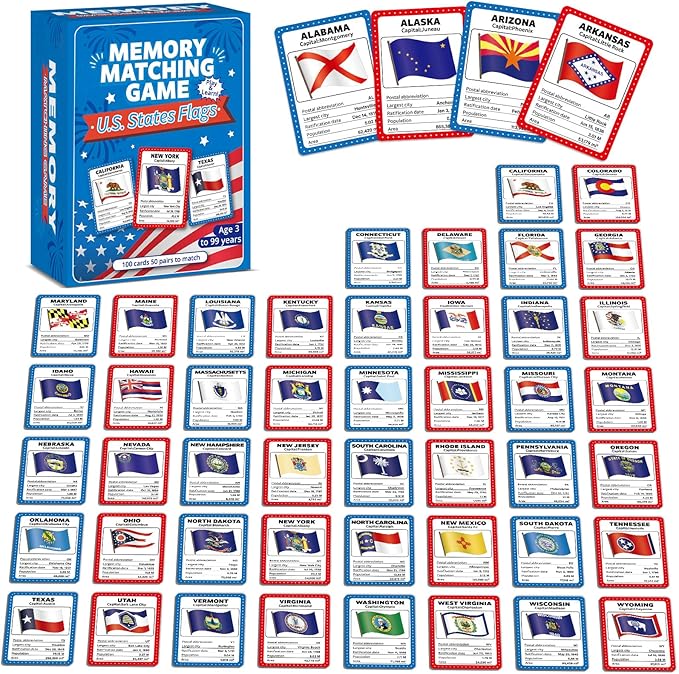 gisgfim 50 Pairs Memory Matching Game Flags of U.S. States Concentration Memory Card Educational Cards Games Geography Learn States Capitals Game Gift for Kid Adults Learning Activities Matching Games