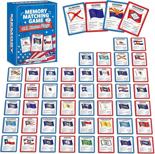 gisgfim 50 Pairs Memory Matching Game Flags of U.S. States Concentration Memory Card Educational Cards Games Geography Learn States Capitals Game Gift for Kid Adults Learning Activities Matching Games