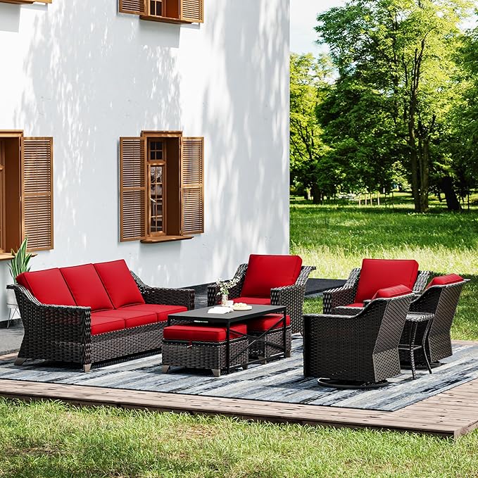 Joyside Wicker Patio Furniture Sets, 9 Pieces Upgraded Large Size Outdoor Furniture with Swivel Rocking Patio Chairs, Patio Dining Chair, 3-Seat Sofa, Outdoor Ottoman, Coffee Table, Thick Cushions