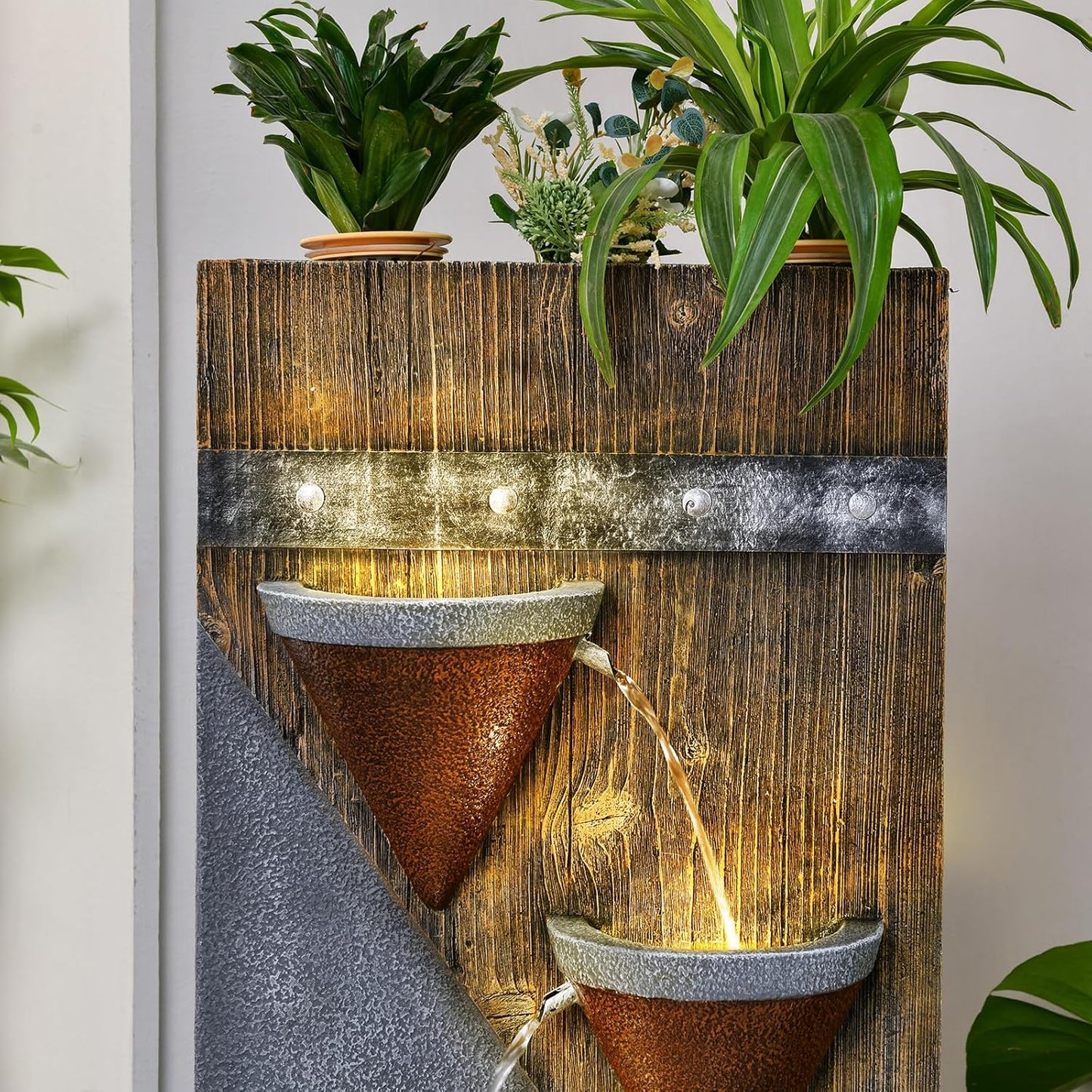 49.21" Outdoor Garden Water Fountain with Lights Floor-Standing 4 Tiers Cascading Large Waterfall Fountain for Patio, Backyard, Deck, Porch and Home Art Decor