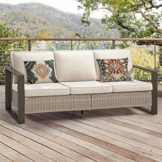 75" Patio Metal Wicker Sofa, All Weather Outdoor Rattan 3-Seat Sofa Couch with Premium Cushions & Rectangular Framed Wood-Looking Metal Armrest for Garden Backyard Porch Deck, Beige