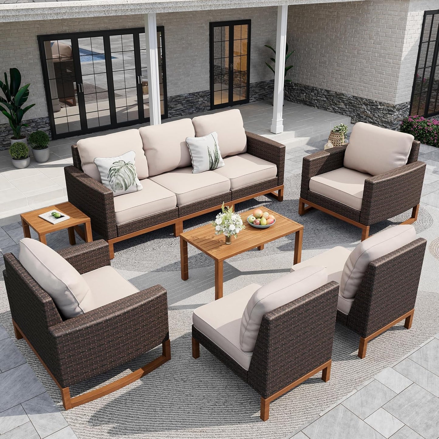 Sophia & William Large Patio Furniture Set, 8 Piece Luxury Rattan Outdoor Sectional Furniture Set, Patio Conversation Set with 3 Armless Sofa, 2 Corner Sofa, 2 Single Sofa, 2 Coffee Table(Beige)