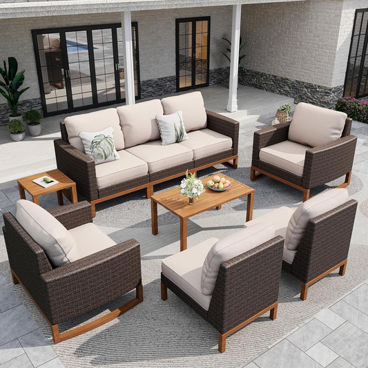 Sophia & William Large Patio Furniture Set, 8 Piece Luxury Rattan Outdoor Sectional Furniture Set, Patio Conversation Set with 3 Armless Sofa, 2 Corner Sofa, 2 Single Sofa, 2 Coffee Table(Beige)