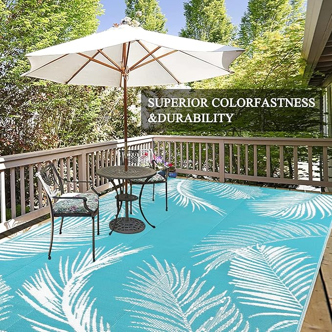 Pauwer Waterproof Outdoor Rug 9x12, Reversible Plastic Straw Patio Camping Rug, Indoor Outdoor RV Mat Carpet for Deck, Camper, Porch, Balcony, Backyard, Picnic, Leaf Teal