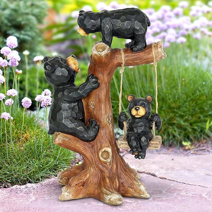 Exhart Garden Sculpture, Bear Family Tree Garden Statue with Real Swing, Outdoor Lawn and Yard Art Decoration, 9 x 6.5 x 14 Inch