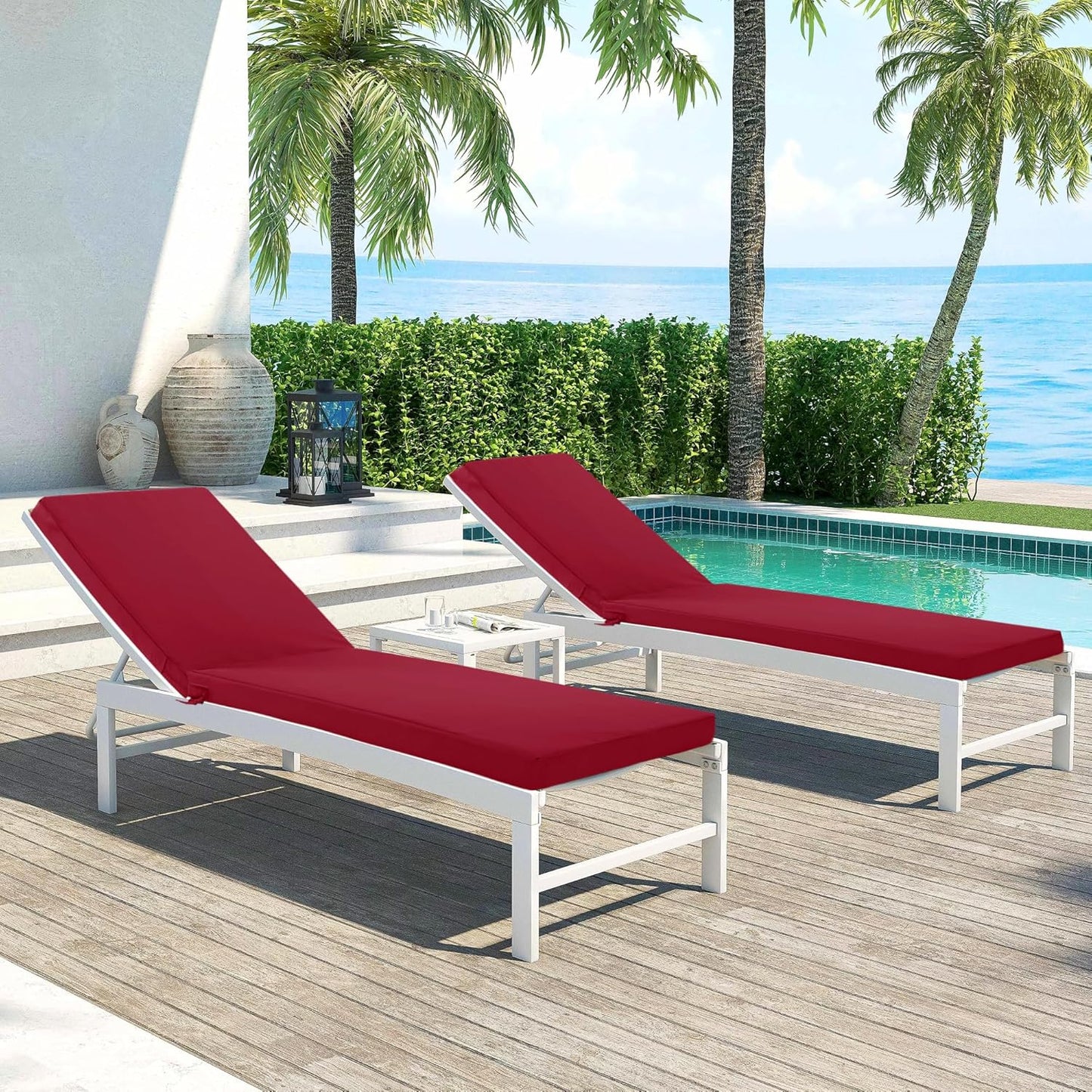 Chaise Lounge Cushions Outdoor Set of 2 - Waterproof and Fade Resistant Sun Lounger Replacement Cushions - Patio Lounger Pads with Removable Cover for Pool, Deck, Lawn, 72 x 21 x 3 Inch, Red