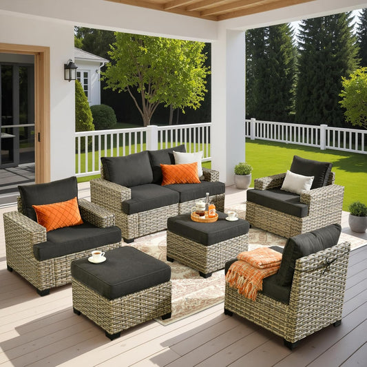 HOOOWOOO Outdoor Sectional Patio Furniture Set,7 Pieces Wicker Conversation Sets,Extra Deep Out Door Sofa Outside Furniture Couch with Ottoman,Black