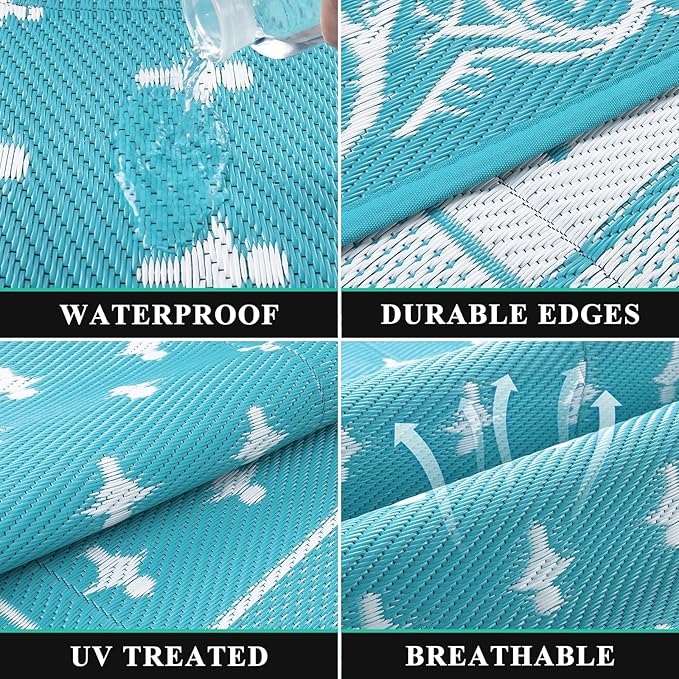 Pauwer Waterproof Outdoor Rug 8x10, Reversible Plastic Straw Patio Camping Rug, Indoor Outdoor RV Mat Carpet for Deck, Camper, Porch, Balcony, Backyard, Picnic, Bordered Teal
