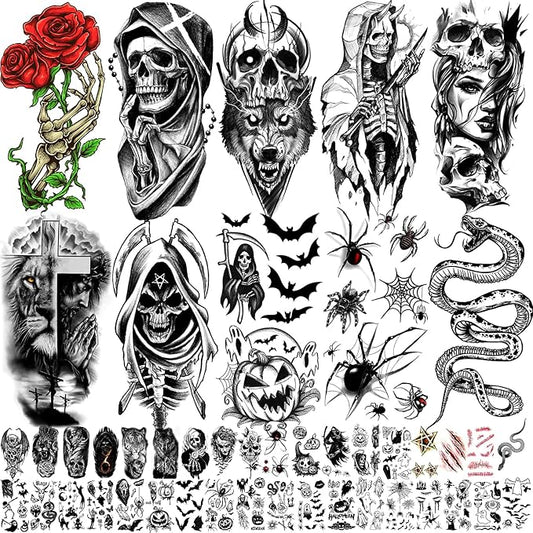 52 Sheets Black Halloween Temporary Tattoos for Kids Men Women, Include 10 Sheets Large Half Arm Sleeve Fake Tattoos, 200+ PCS Spider Snake Tiger Lion Skull Bat Vampire Scar Halloween Tattoos