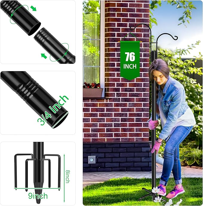 XDW-GIFTS Double Shepherds Hooks for Outdoor, 2-Pack Heavy Duty Garden Pole for Hanging Bird Feeder, Plant Baskets, Solar Light Lanterns, Garden Plant Hanger Stands with 5 Base Prongs