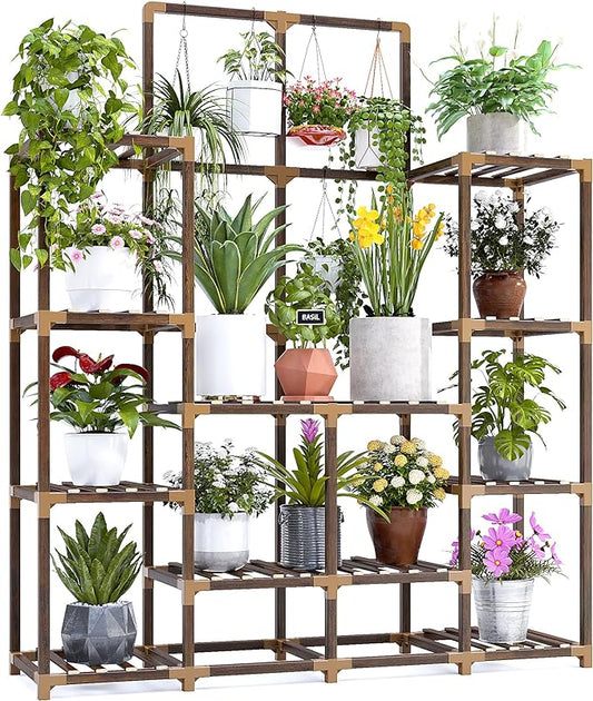 EnHomee Large Plant Stand Indoor Outdoor Wood Tiered Plant Shelf for Multiple Plants 6 Tiers with 12 Potted Plants Holder Tables 44.9" W x 11.8" D x 62.2" H