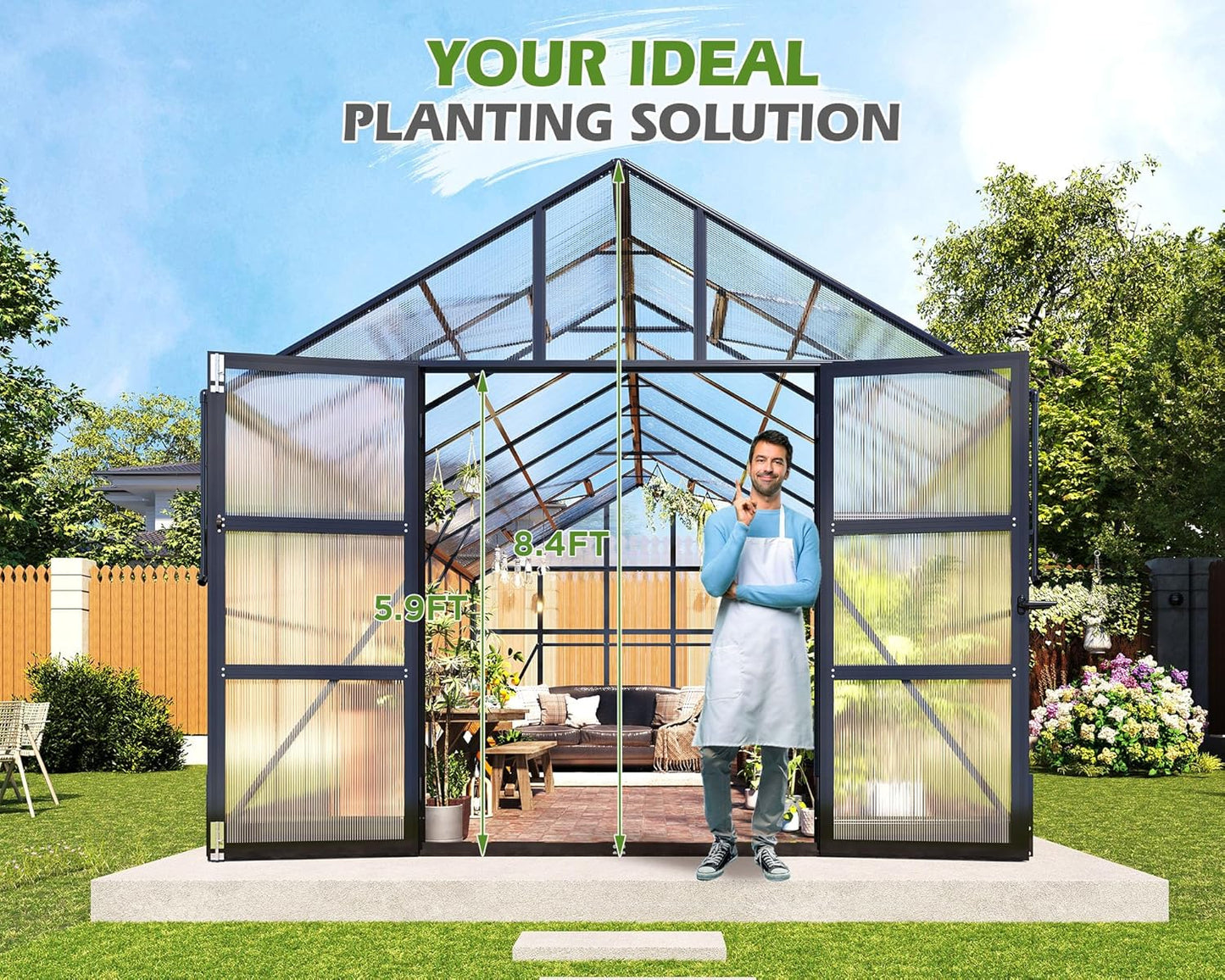 AMERLIFE 10x12 FT Heavy Duty Aluminum Greenhouse with 4 Roof Vents & Rain Gutter, Polycarbonate Greenhouse for Outdoor Garden Backyard, Black