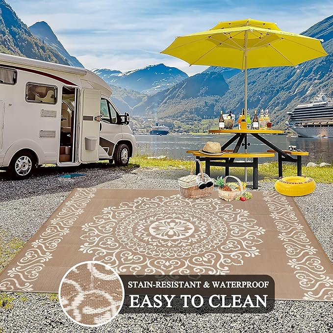 Pauwer Waterproof Outdoor Rug 6x9, Reversible Plastic Straw Patio Camping Rug, Indoor Outdoor RV Mat Carpet for Deck, Camper, Porch, Balcony, Backyard, Picnic, Floral Brown
